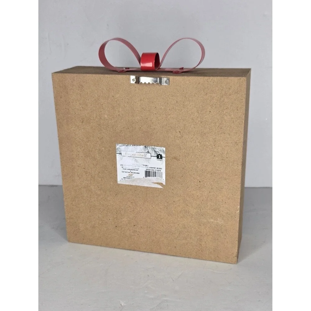 Wood Trinket Wall‎ Shelf Christmas Present Gift Package Red Metal Ribbon Bow